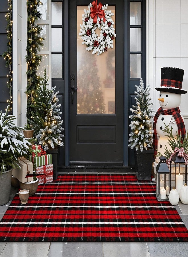 Collive Buffalo Plaid Checkered Outdoor Rug, Christmas Decor Door Mat, Xmas Red and Black 2x4.3 Front Porch Rug, Washable Welcome Layered Doormat Outside Entrance for Kitchen Entryway Patio - Image 1
